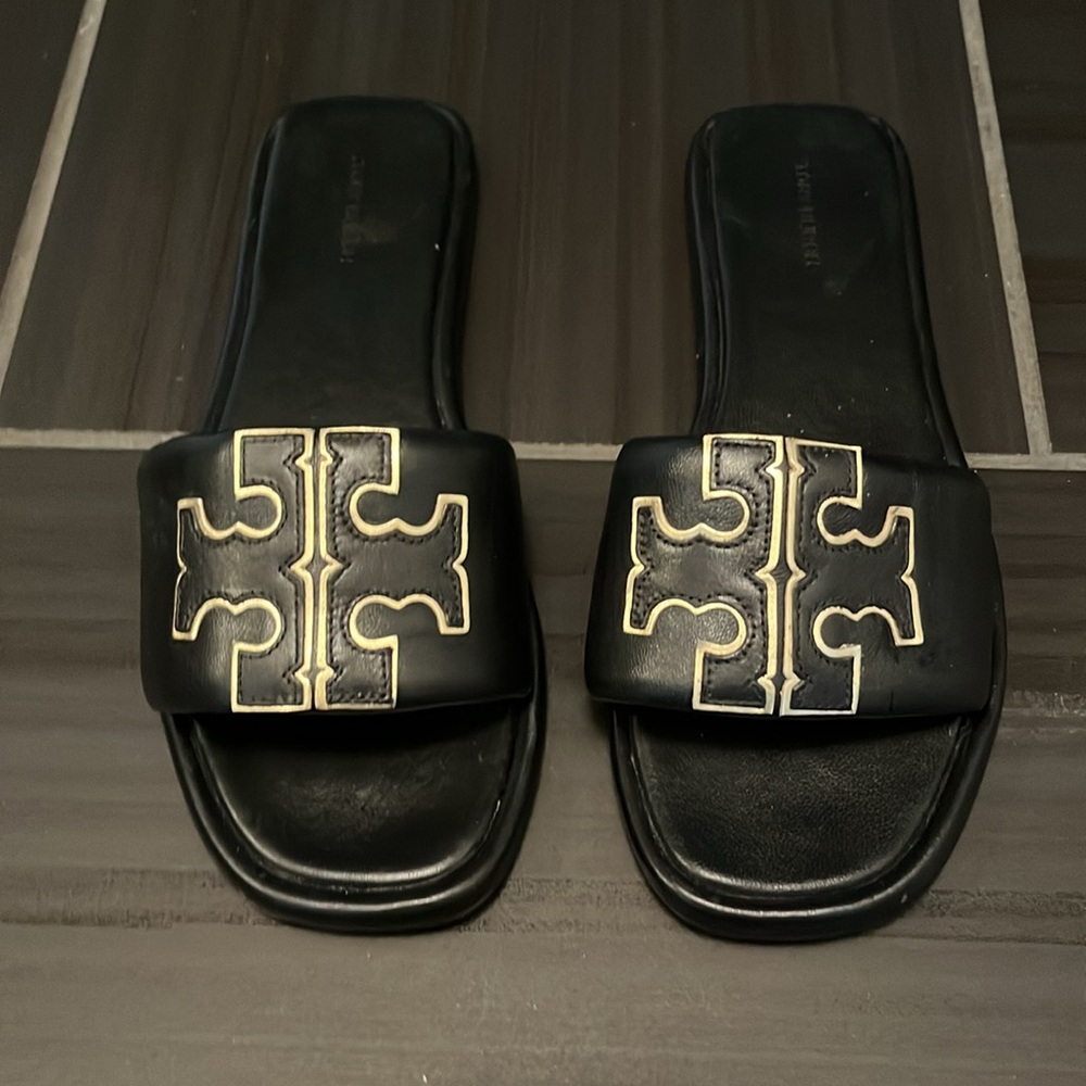 Tory Burch Black and Gold Slide Sandals